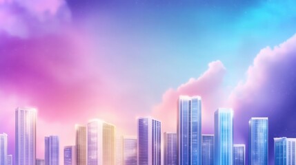 Fototapeta premium A city skyline during twilight, with buildings illuminated by warm lights 