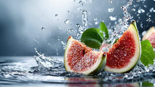 Slices of ripe figs with green leaves plunge into clear water, creating a dynamic splash that showcases their juicy texture and vivid hue. The droplets dance around, enhancing the visual appeal.