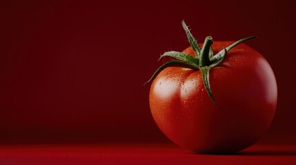 A tomato is shown on a red background