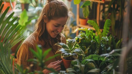 Woman enjoying indoor gardening surrounded by lush greenery