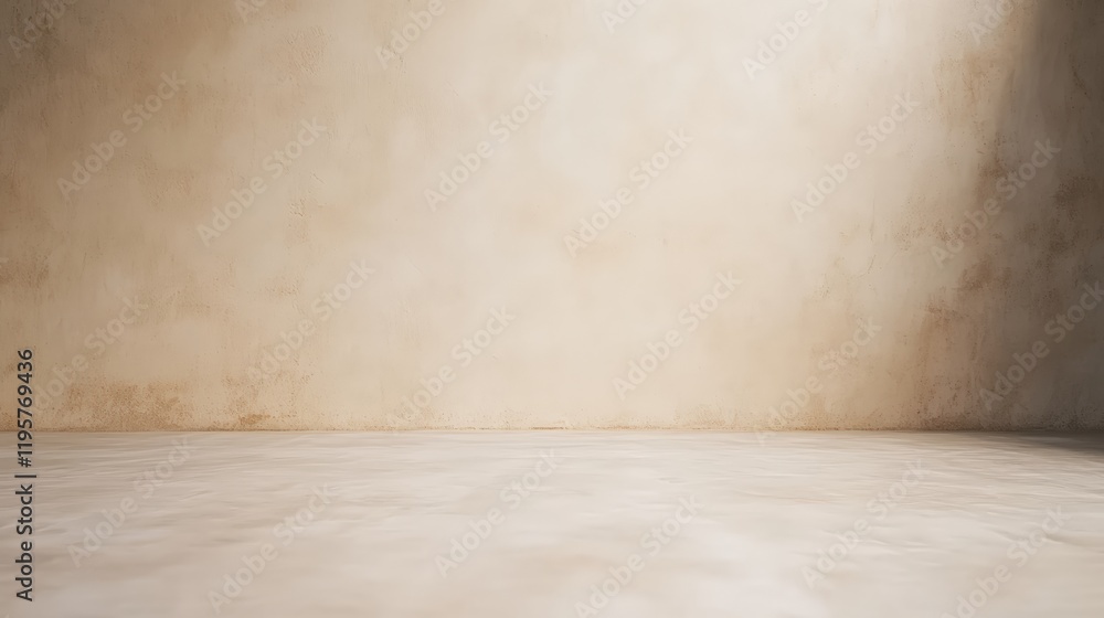 Poster Sunlight illuminating a beige concrete wall and floor creates an empty space ideal for showcasing products, artwork, or text against a minimalist backdrop