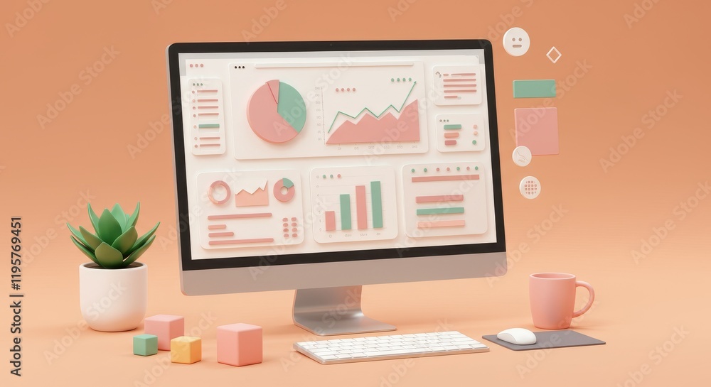 Poster 3d scene of a computer monitor displaying a pastel colored analytics dashboard