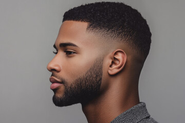 Obraz premium Close-up of a young man with stylish haircut and well-groomed beard