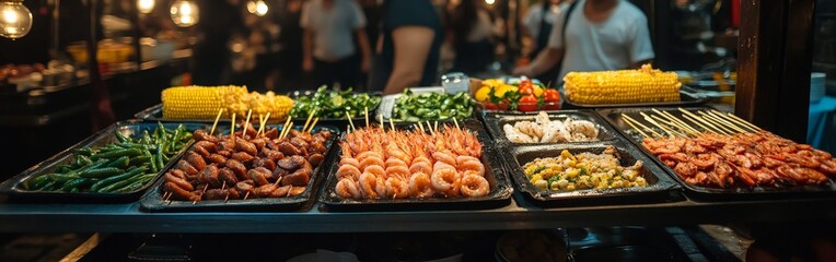 A vibrant buffet with fresh vegetables, corn, sausages, and more. Ideal for brunch visuals and restaurant marketing campaigns.