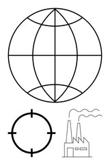 Large globe with longitude and latitude lines, a factory emitting smoke, and a target sign. Ideal for industrial pollution awareness, environmental impact studies, corporate strategies, global