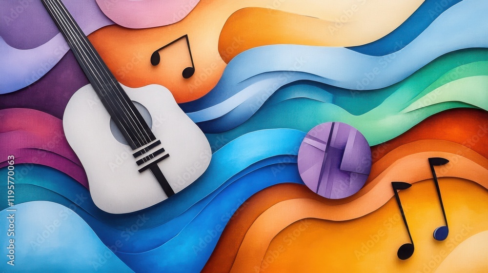 Poster a collage of musical instruments, notes, and sound waves layered with abstract patterns