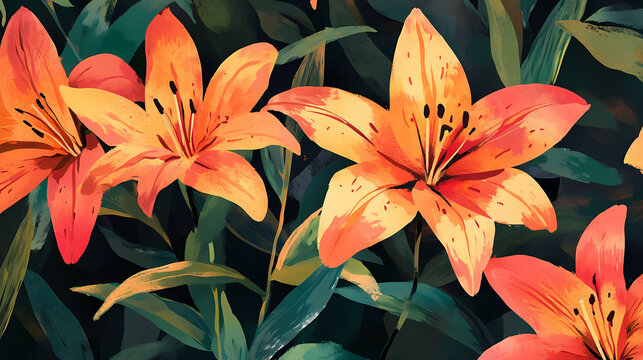 Lilies, in full bloom, vibrant colors brighten gardens with their bold, striking beauty. Brightfern. Illustration