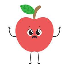 Sad Apple Cartoon: A cute cartoon apple with big, sad eyes and tiny arms raised in a gesture of despair.  The apple is red with a single green leaf.