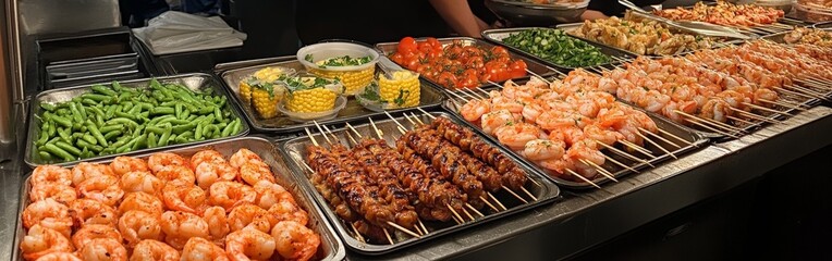 A vibrant buffet with fresh vegetables, corn, sausages, and more. Ideal for brunch visuals and restaurant marketing campaigns.