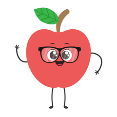 Cute Apple Character: A cheerful apple with a friendly smile and big eyes wearing glasses, waves a cheery hello, bringing a delightful sense of fun and optimism to any project.
