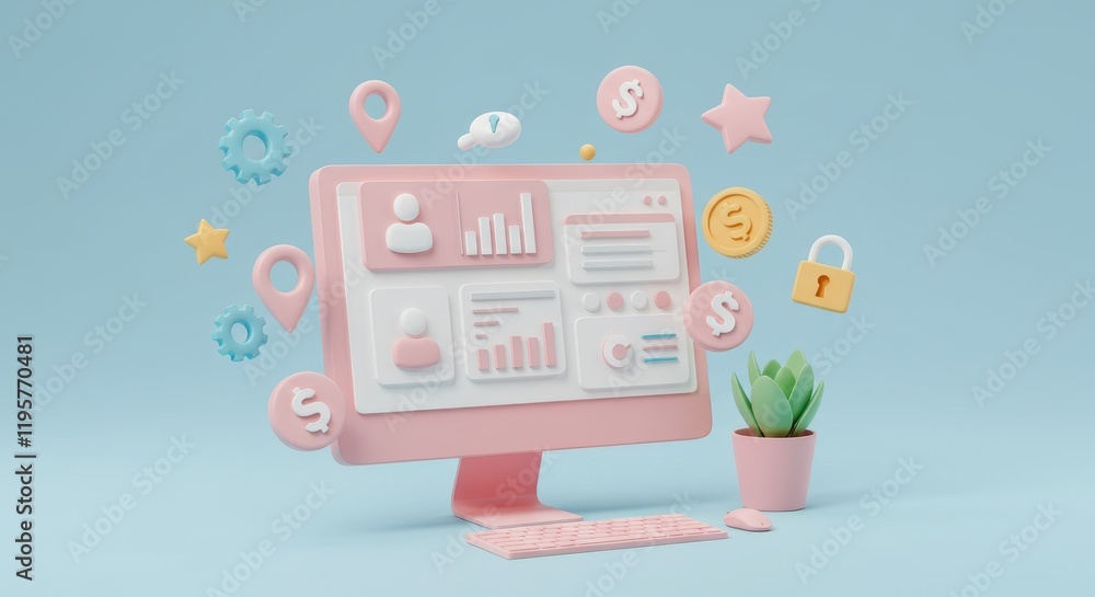 Poster 3d illustration of a pastel pink desktop computer displaying an analytics dashboard with charts and 