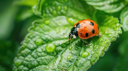 Obraz premium Vibrant ladybug on dew-kissed leaf in nature