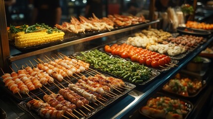 A vibrant buffet with fresh vegetables, corn, sausages, and more. Ideal for brunch visuals and restaurant marketing campaigns.