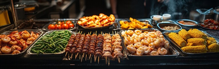 A vibrant buffet with fresh vegetables, corn, sausages, and more. Ideal for brunch visuals and restaurant marketing campaigns.