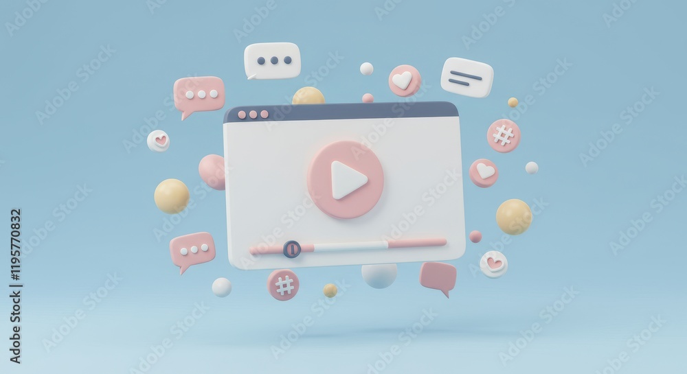 Poster 3d illustration of a floating video player interface featuring a play button and progress bar