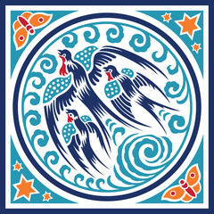 A vector graphic illustrated pattern of flying birds representing wind and sky and flight. 