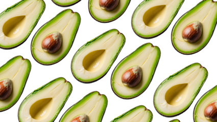 Seamless pattern of fresh avocado halves with vibrant green pulp and seeds on a transparent background