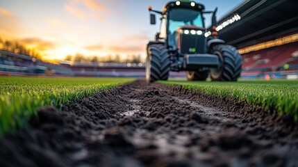 Obraz premium Tractor preparing a sports field. Dirt path between manicured grass and stadium in the background.