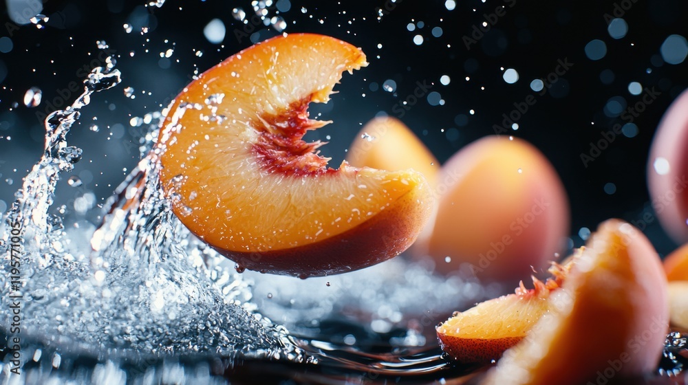 Poster a peach is sliced open and floating in a pool of water