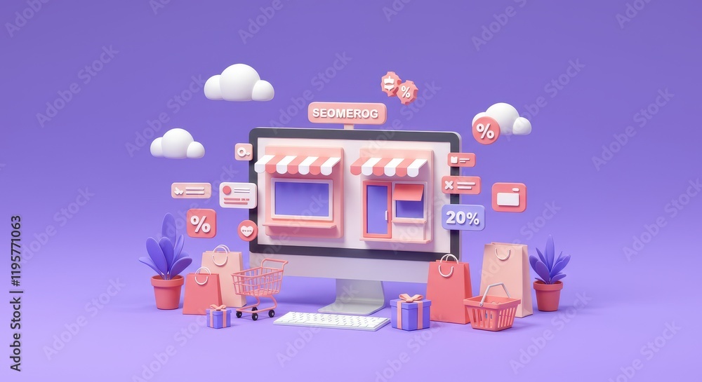 Poster 3d desktop computer displaying an online store with small storefront icons on the screen