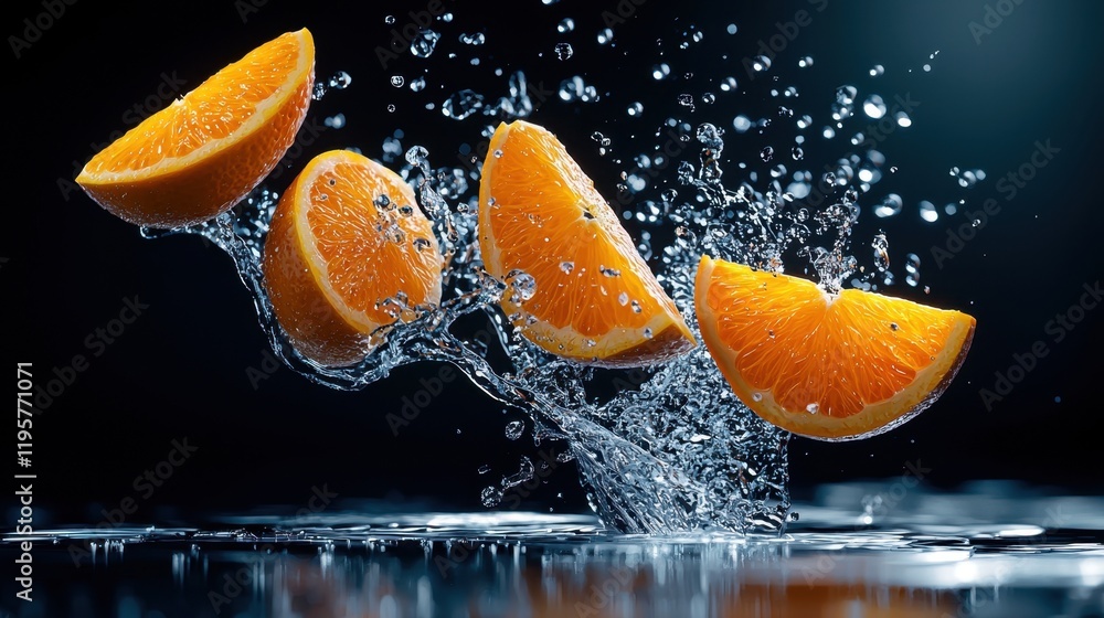 Poster a splash of water is falling on a table with four oranges