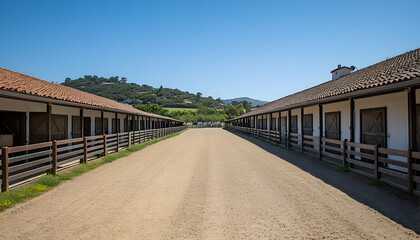 Fototapeta premium The endless rows of stables and abundant grazing land make this horse-rearing and training locale a paradise for both animals and riders alike