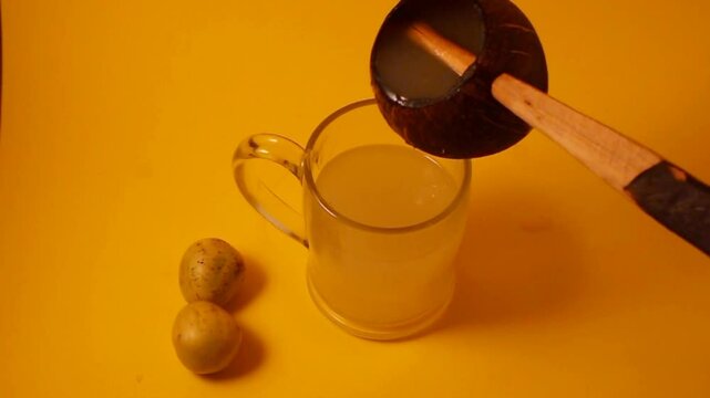 Freshly squeezed Marula (Sclerocarya birrea, Morula, Maroela, Mufula) fruit juice and traditional fermented beverage