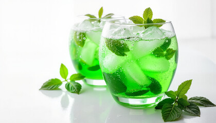 Iced green mint soda served in glasses with ice and fresh mint leaves