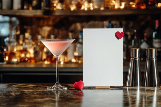 Mockup of a cocktail menu, on the rack of the bar with Martini. Valentine's day concept