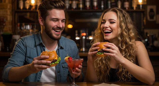 young couple eating burgers