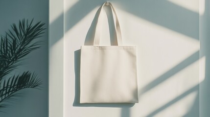 White tote bag hanging on a white wall with the shadow of a plant, creating a minimalist and stylish composition, ideal for showcasing designs or promoting eco friendly products