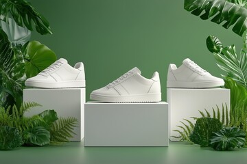 White sneakers displayed on geometric platforms surrounded by lush green plants. eco-friendly branding concept