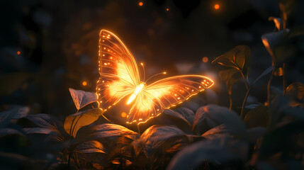 Glowing butterfly spreading light in the darkness , butterfly, glowing, dark, environment, brighten, illuminate, beautiful. Brightfern. Illustration