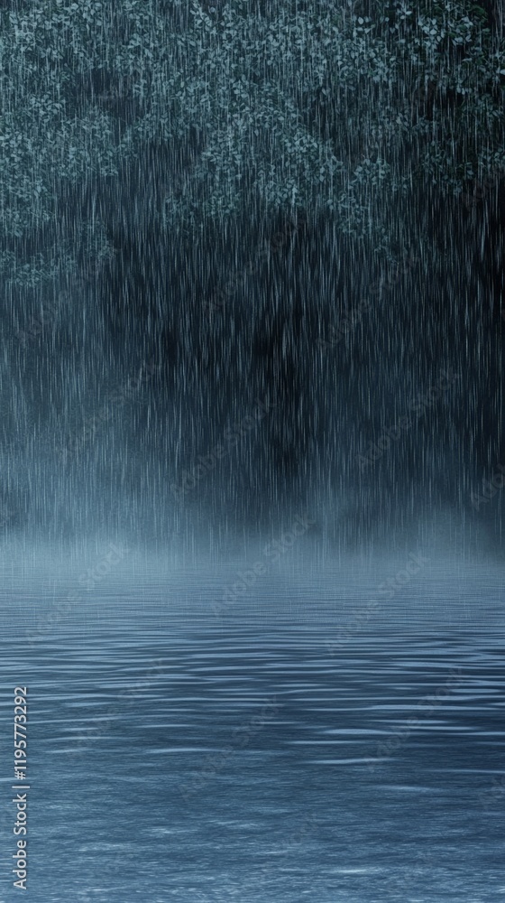 Poster heavy rain is falling on a rippling water surface creating a mesmerizing texture, with dark trees in