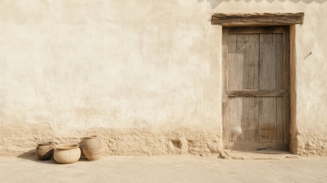 Rustic earthen wall with wooden door and clay pots.