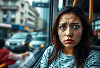 Young woman on a crowded bus, expressing sadness and frustration