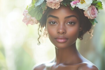 Close-up portrait of a young beautiful woman smiling and wearing a wreath of delicate flowers, daydreaming or meditating.