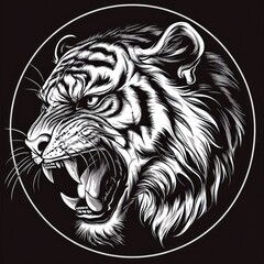 Angry tiger growls inside a black circle, great for posters and graphics