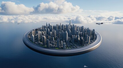 A massive floating city with high-rise buildings, hovering over a vast ocean