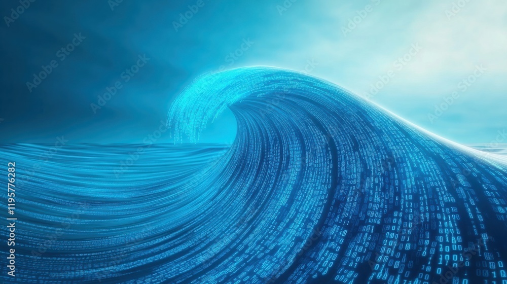 Poster a massive wave made of glowing blue binary code, cresting in a futuristic ocean of data