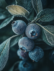 Close-up of frosted blueberries on a branch with textured leaves