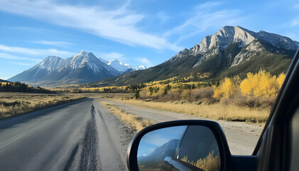 Mountains reflect in a car side mirror on a road trip.