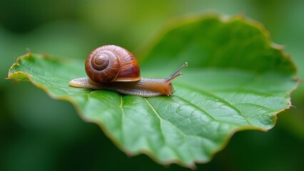 Close-up of a single snail traveling across a wet green leaf in the morning light, showcasing macro details