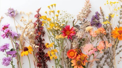 Vibrant assortment of colorful wildflowers displayed on white background for floral decor and nature inspiration