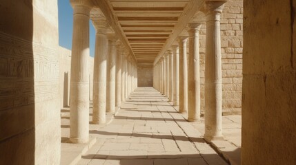 Sunlit colonnade in ancient ruins, long perspective, stone columns and walls.