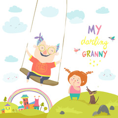 Old woman swinging on a baby swing. Vector illustration