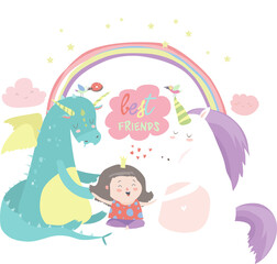 Cute cartoon dragon, unicorn and little girl. Best friends. Vector illustration
