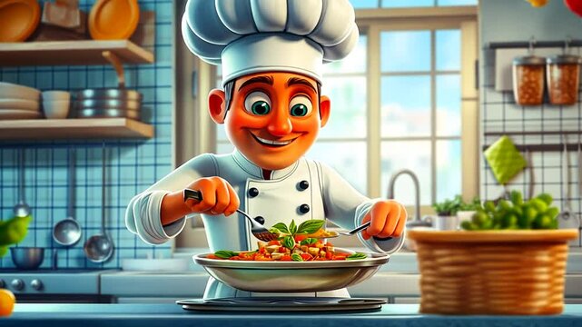 Happy cartoon chef preparing a delicious vegetable dish in a modern kitchen.