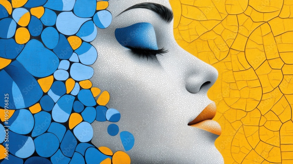 Poster a modern abstract portrait of a woman, designed with intricate pointillism patterns in bold
