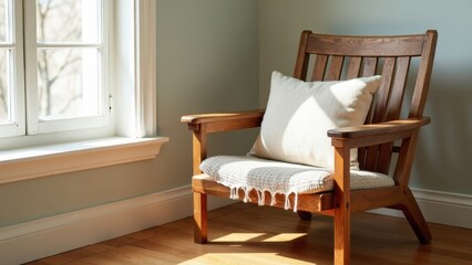 Rustic wooden chair with single soft throw pillow bathed in warm sunlight